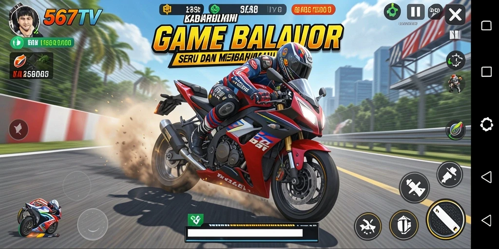 Tampilan gameplay seru dalam balapan motor 567TV.