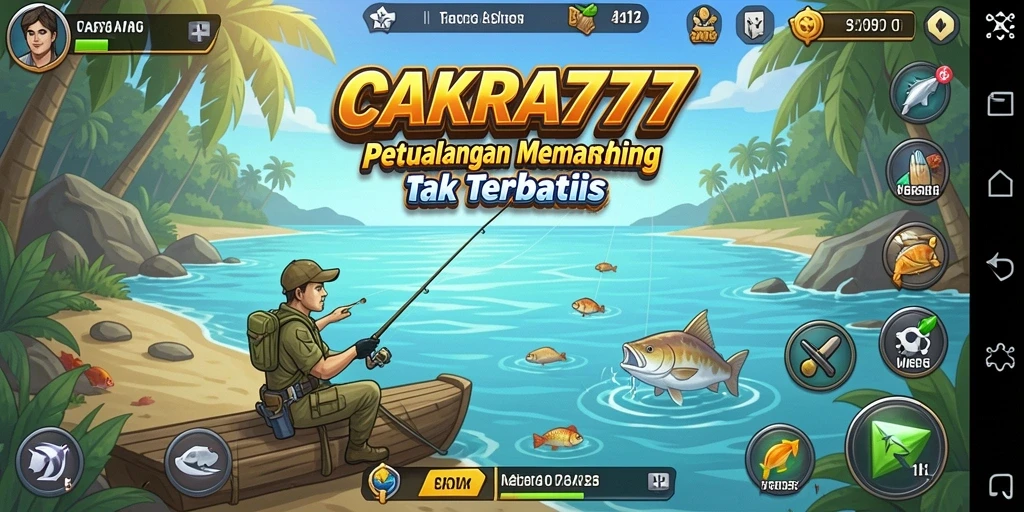 Tampilan gameplay <strong>CAKRA777</strong> saat menangkap ikan di danau yang indah.