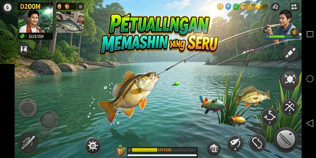 Tampilan gameplay D200M yang mendebarkan saat memancing ikan besar.