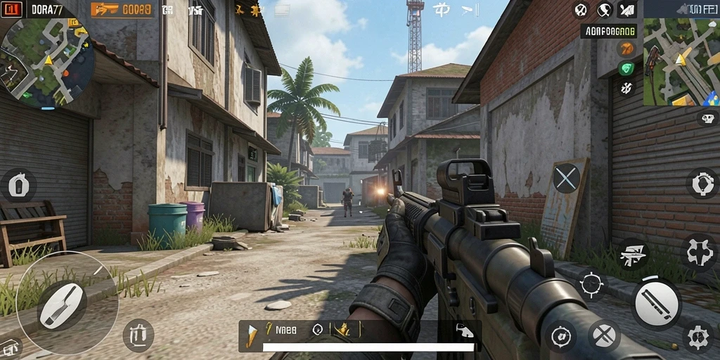 Tampilan gameplay DORA77 dengan aksi tembak-menembak intens.