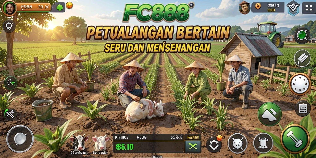 Tampilan gameplay FC888 yang seru dengan aktivitas bertani.