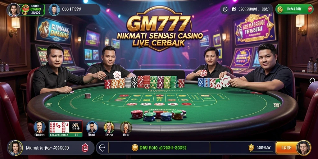 Screenshot utama GM777 menampilkan dealer langsung dalam permainan Live Casino.