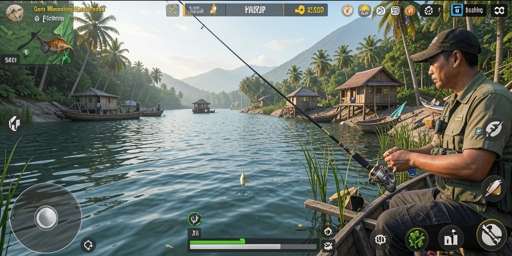 Tampilan gameplay HARAPJP yang memukau saat memancing di laut.