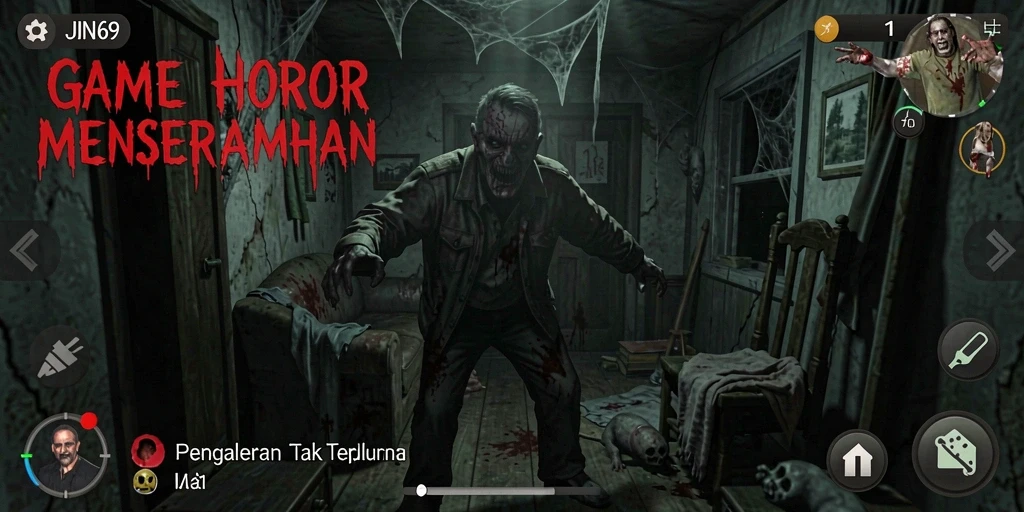 Screenshot gameplay JIN69 menampilkan atmosfer horor yang mendebarkan dan menyeramkan.