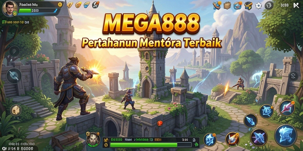Tampilan gameplay <strong>MEGA888</strong> yang seru dalam melindungi menara dari serangan musuh.