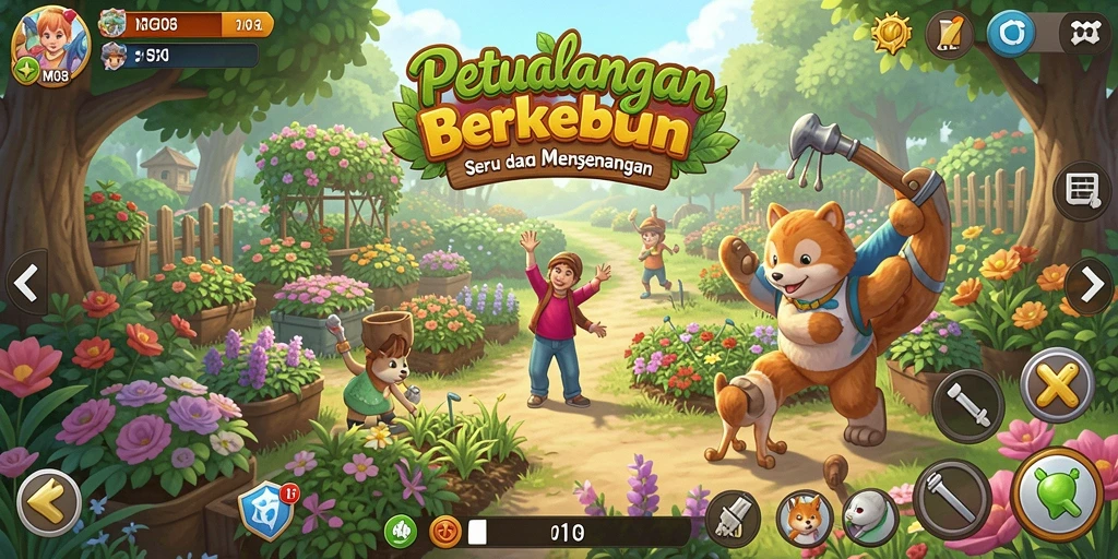 Screenshot gameplay MG108 yang menunjukkan aktivitas berkebun.