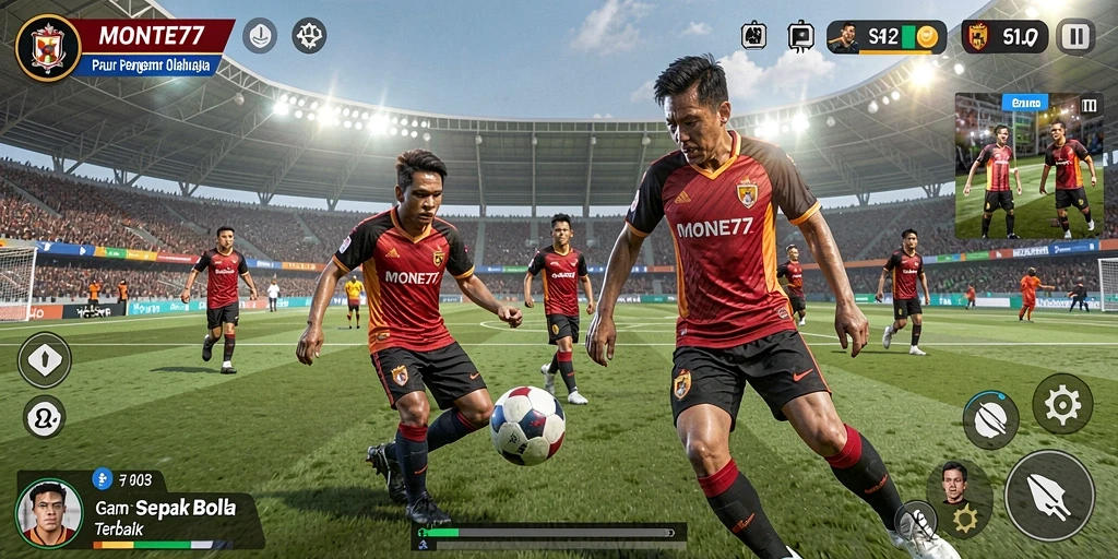 Tampilan gameplay MONTE77 dengan aksi sepak bola yang mendebarkan.