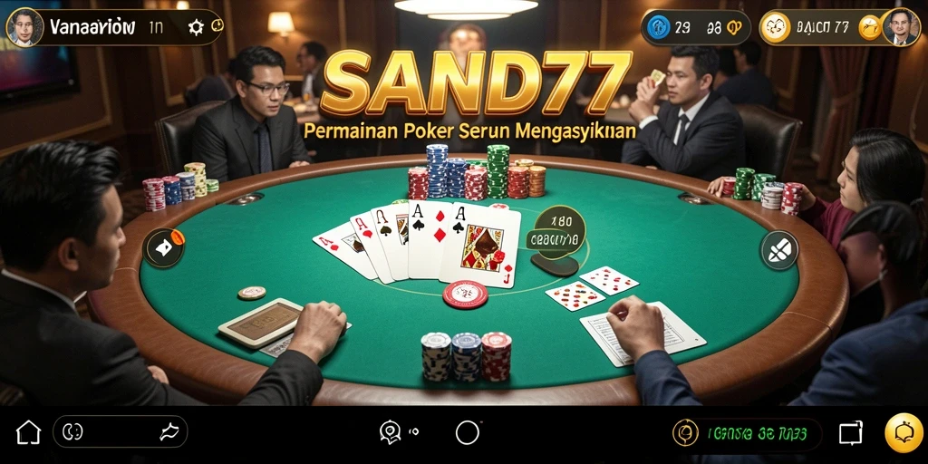 Screenshot gameplay SAND77 dengan pemain bersaing di meja Poker.