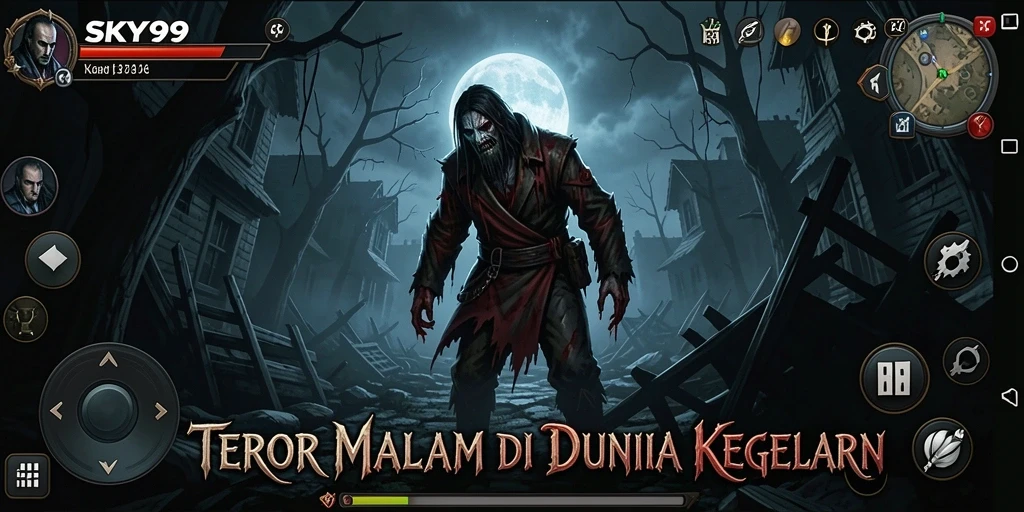 Screenshot utama gameplay SKY99 menampilkan momen menakutkan saat menjelajahi area gelap.