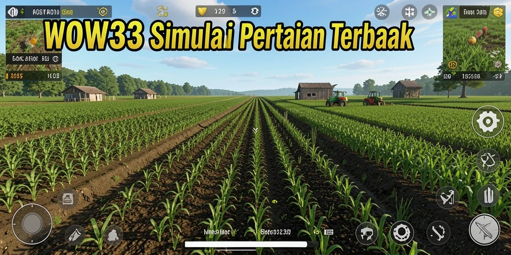 Screenshot gameplay WOW33 menampilkan kebun yang subur dan berbagai aktivitas pertanian.